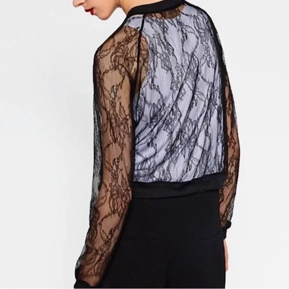 Zara Lace Bomber Jacket black lace small long sleeve - Picture 2 of 12